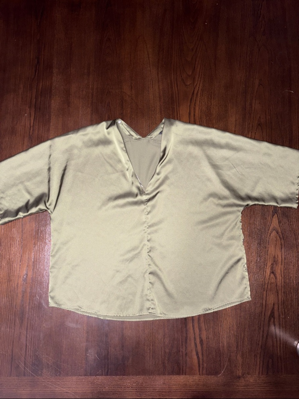 V-Neck Dolman Sleeve Satin Top - Olive Green size L
